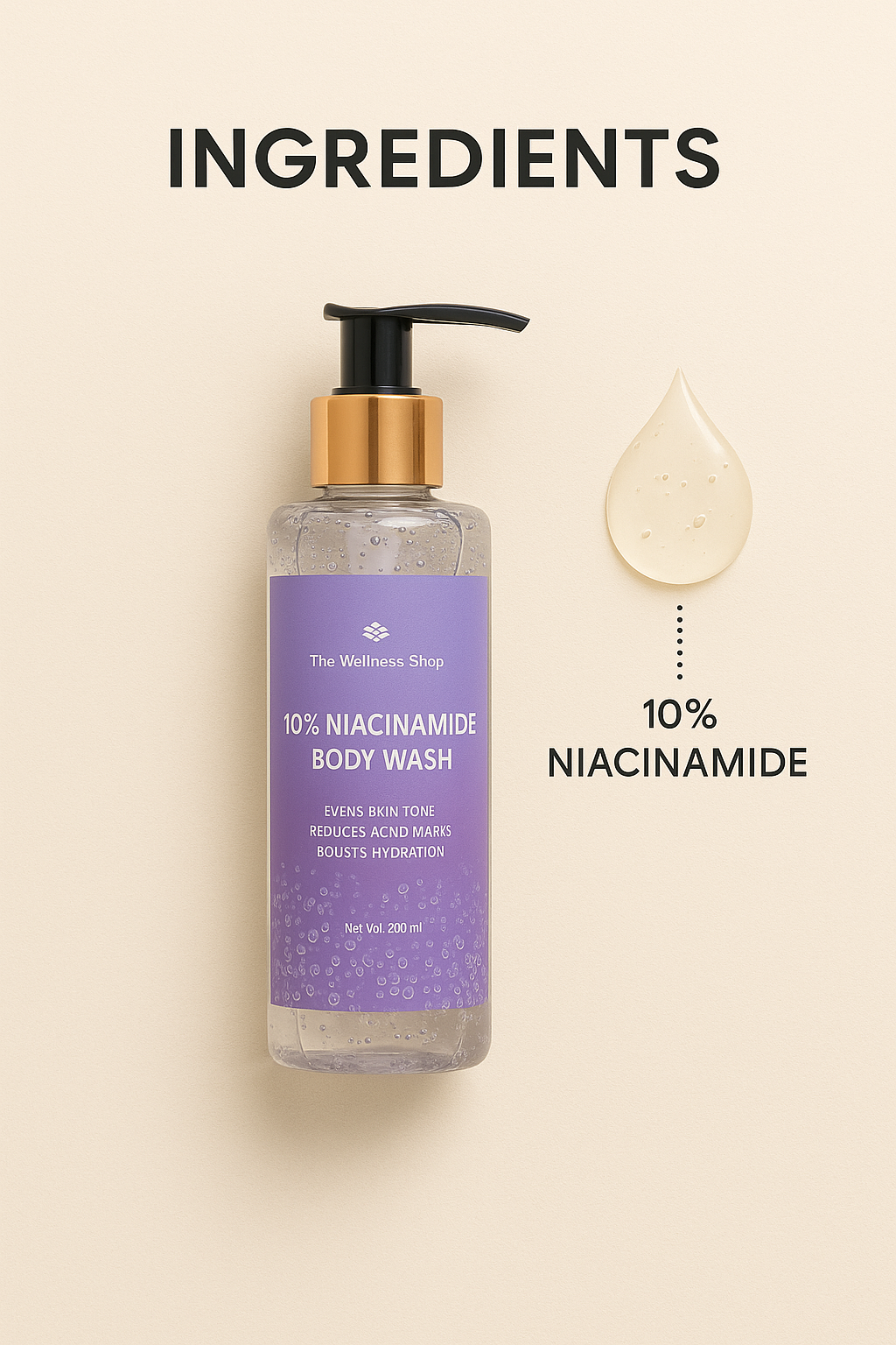 10% NIACINAMIDE BODY WASH ( FADES BLEMISHES, GLOWING SKIN, SULPHATE AND PARABEN FREE)