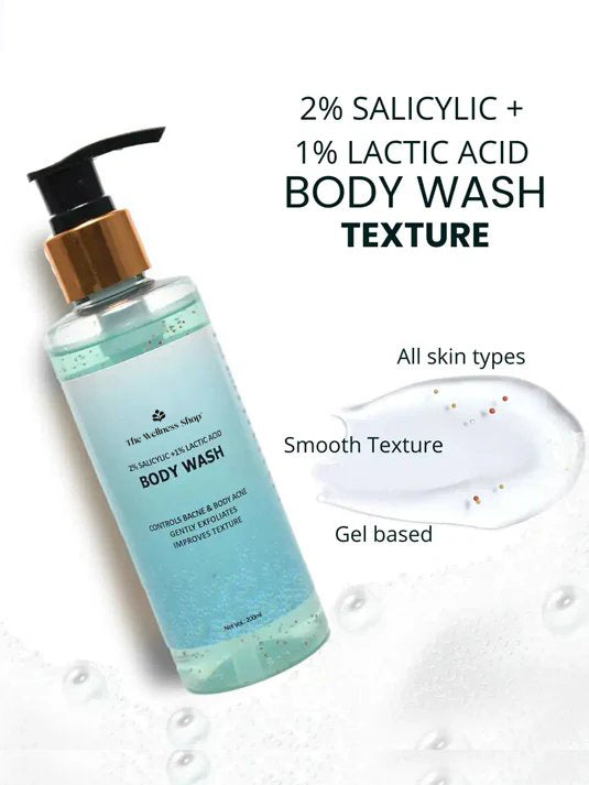2% SALICYLIC + 1% LACTIC ACID BODY WASH (NATURALLY EXFOLIATES & HYDRATES, SULPHATE AND PARABEN FREE)