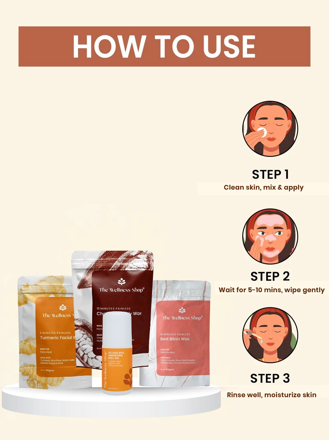 Turmeric Facial Wax+ Bikini Wax Powder+ Chocolate Hair Removal Powder + 4% Aha Bha Underarm Roll On