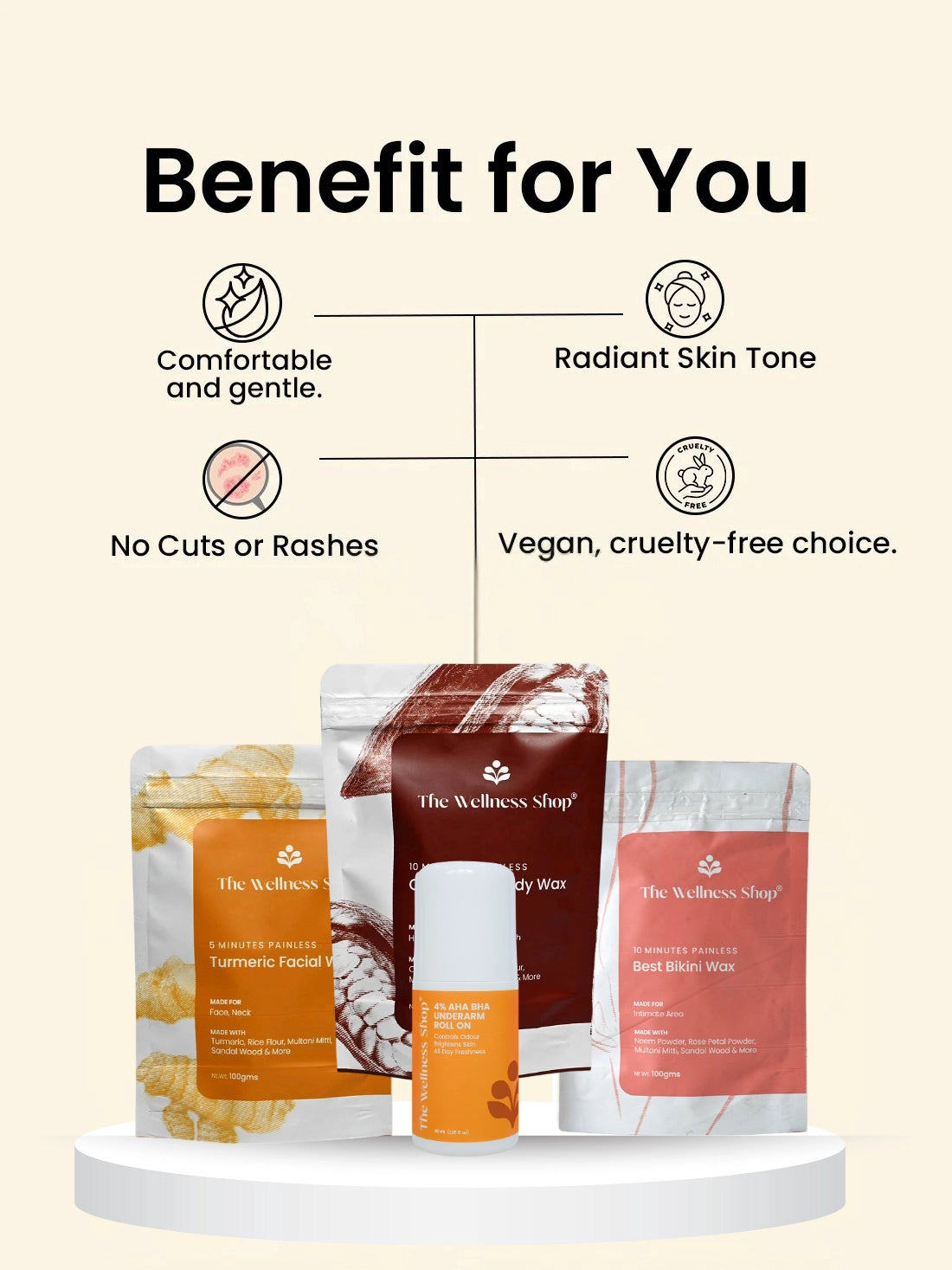 Turmeric Facial Wax+ Bikini Wax Powder+ Chocolate Hair Removal Powder + 4% Aha Bha Underarm Roll On