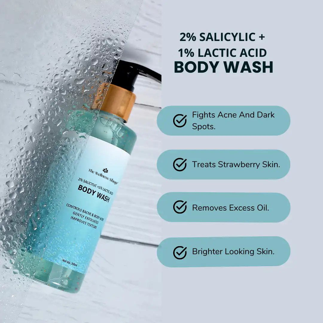 2% SALICYLIC + 1% LACTIC ACID BODY WASH (NATURALLY EXFOLIATES & HYDRATES, SULPHATE AND PARABEN FREE)