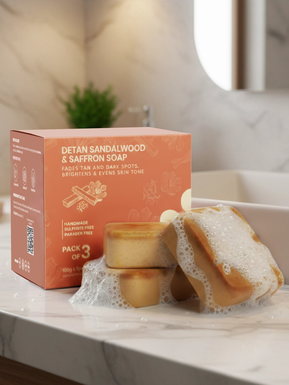 Detan Sandalwood & Saffron Soap - Pack of 3 + FREE Exfoliating Glove
