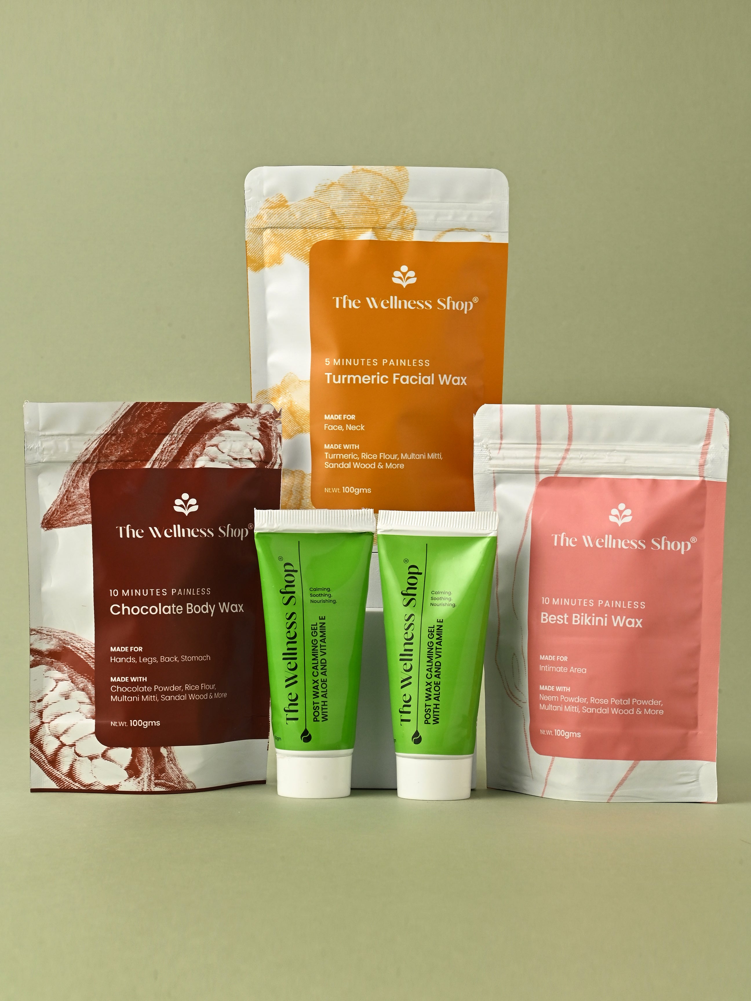 TURMERIC FACIAL WAX+ BIKINI WAX POWDER+ CHOCOLATE HAIR REMOVAL POWDER +2 POST WAX GEL KIT