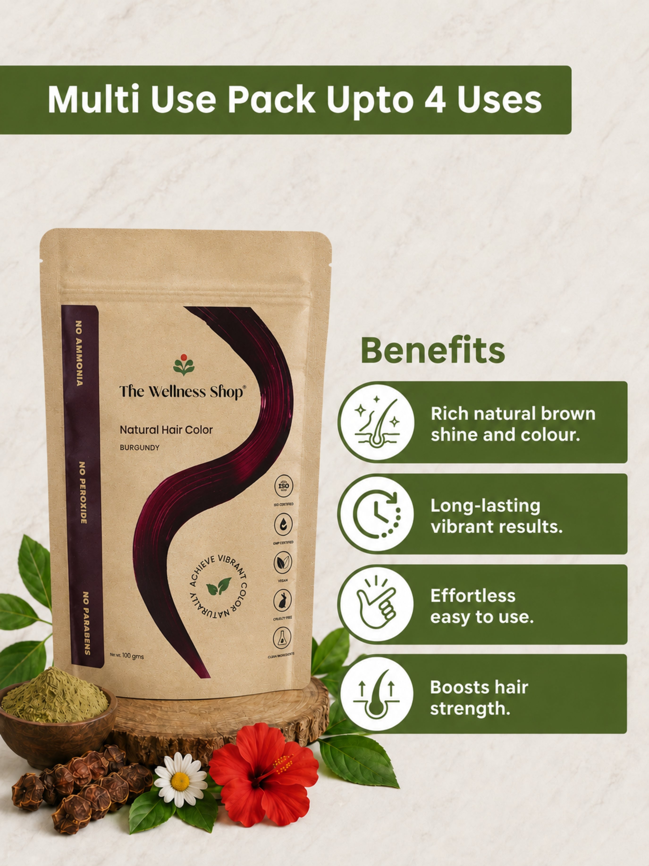 Natural Burgundy Hair Colour - 100gm(No Ammonia, Premium Quality, Lasts 3 Weeks)