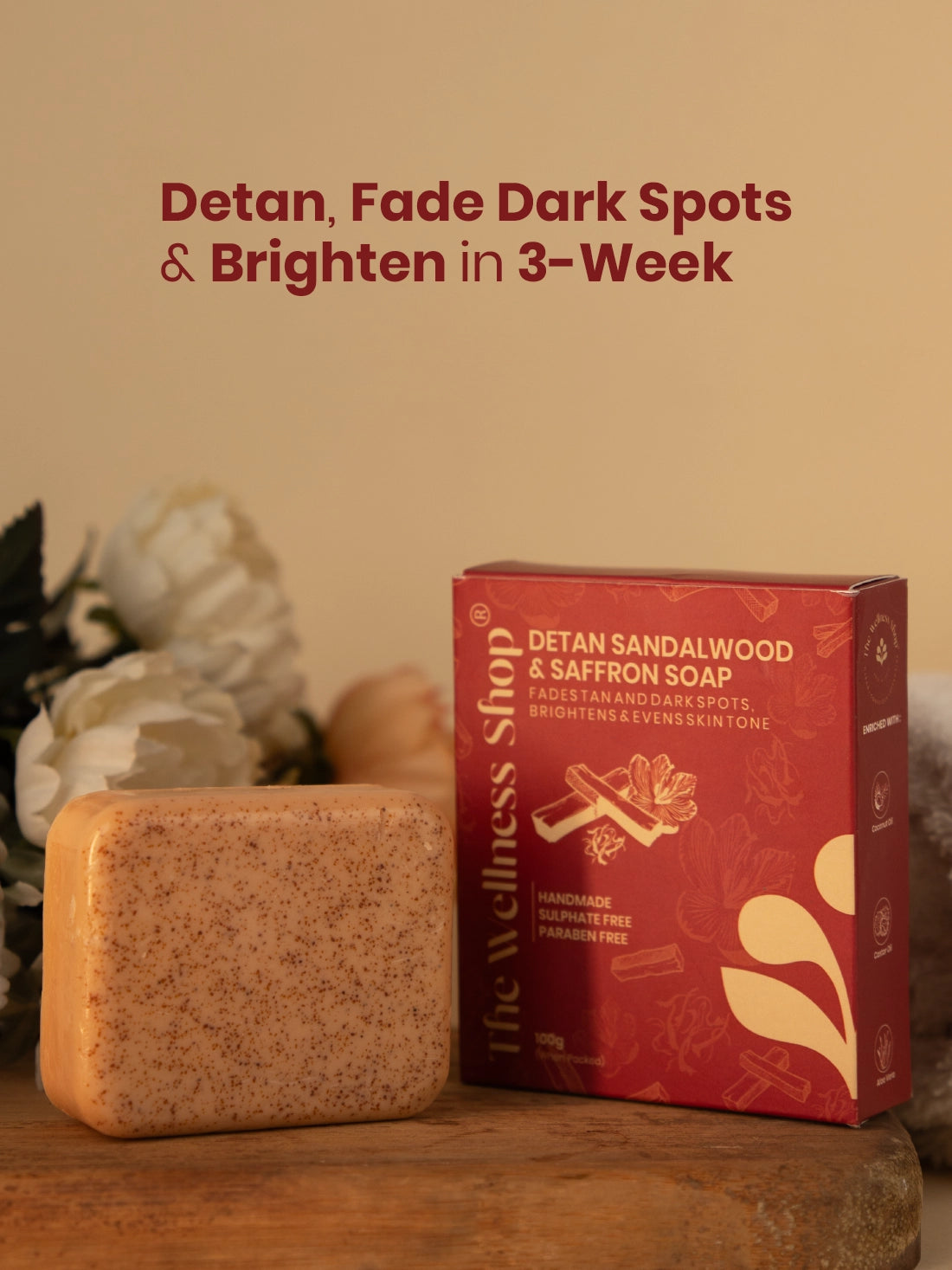 Detan Sandalwood &amp; Saffron Soap - Pack of 3 + FREE Exfoliating Glove