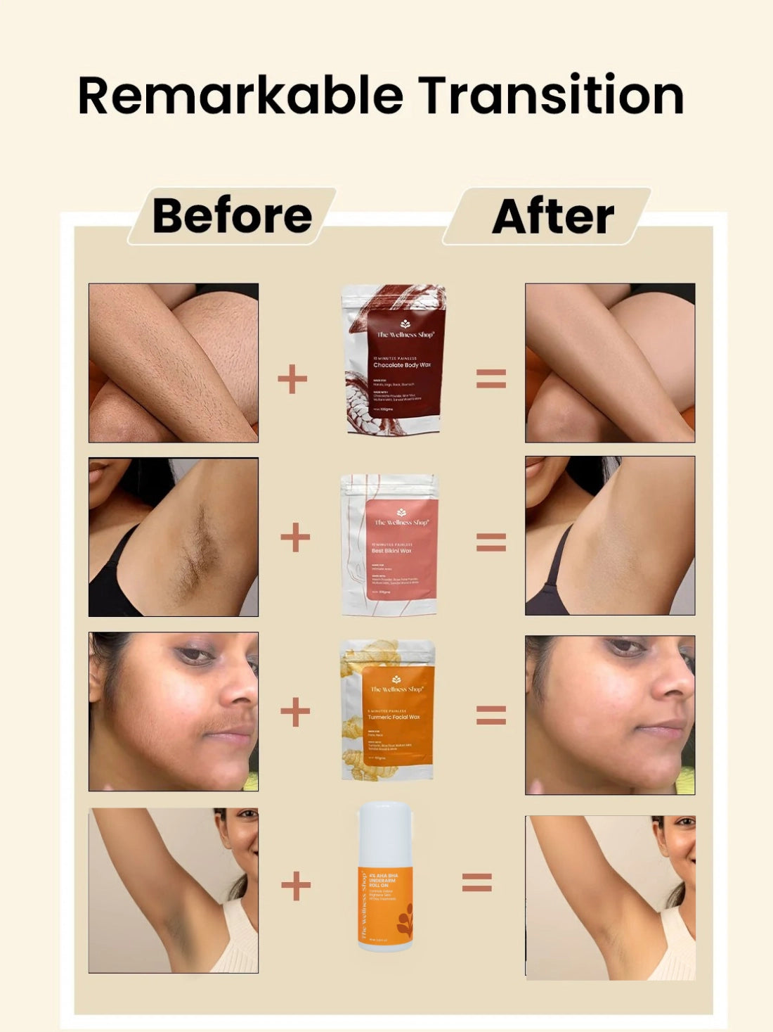 Turmeric Facial Wax+ Bikini Wax Powder+ Chocolate Hair Removal Powder + 4% Aha Bha Underarm Roll On