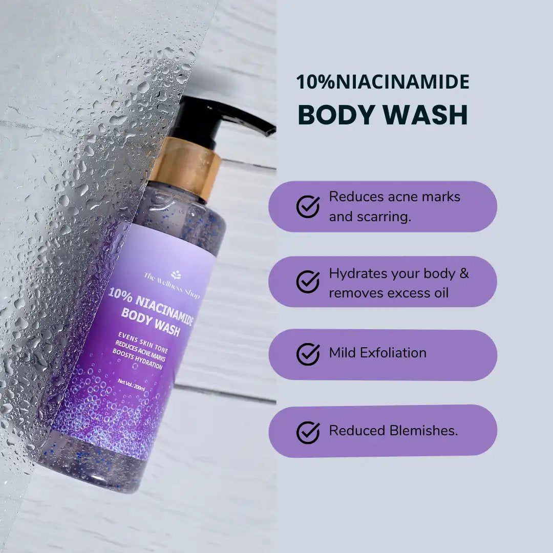 10% NIACINAMIDE BODY WASH ( FADES BLEMISHES, GLOWING SKIN, SULPHATE AND PARABEN FREE)