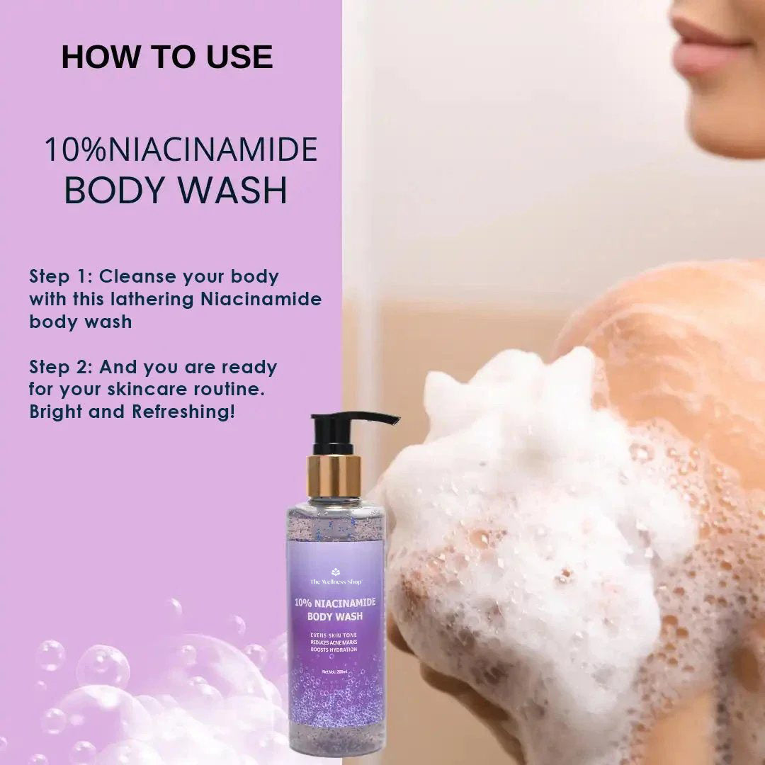 10% NIACINAMIDE BODY WASH ( FADES BLEMISHES, GLOWING SKIN, SULPHATE AND PARABEN FREE)