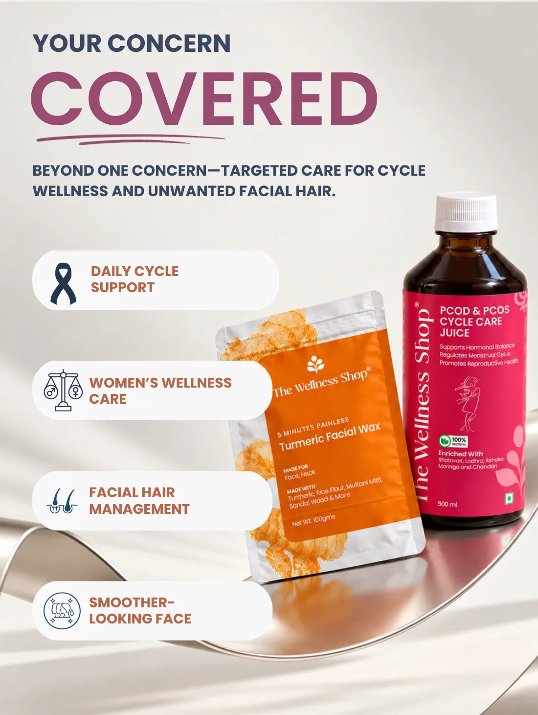 PCOS PCOD Reset Kit ( PCOS &amp; PCOD Cycle Care Juice , Turmeric Facial Wax Powder)