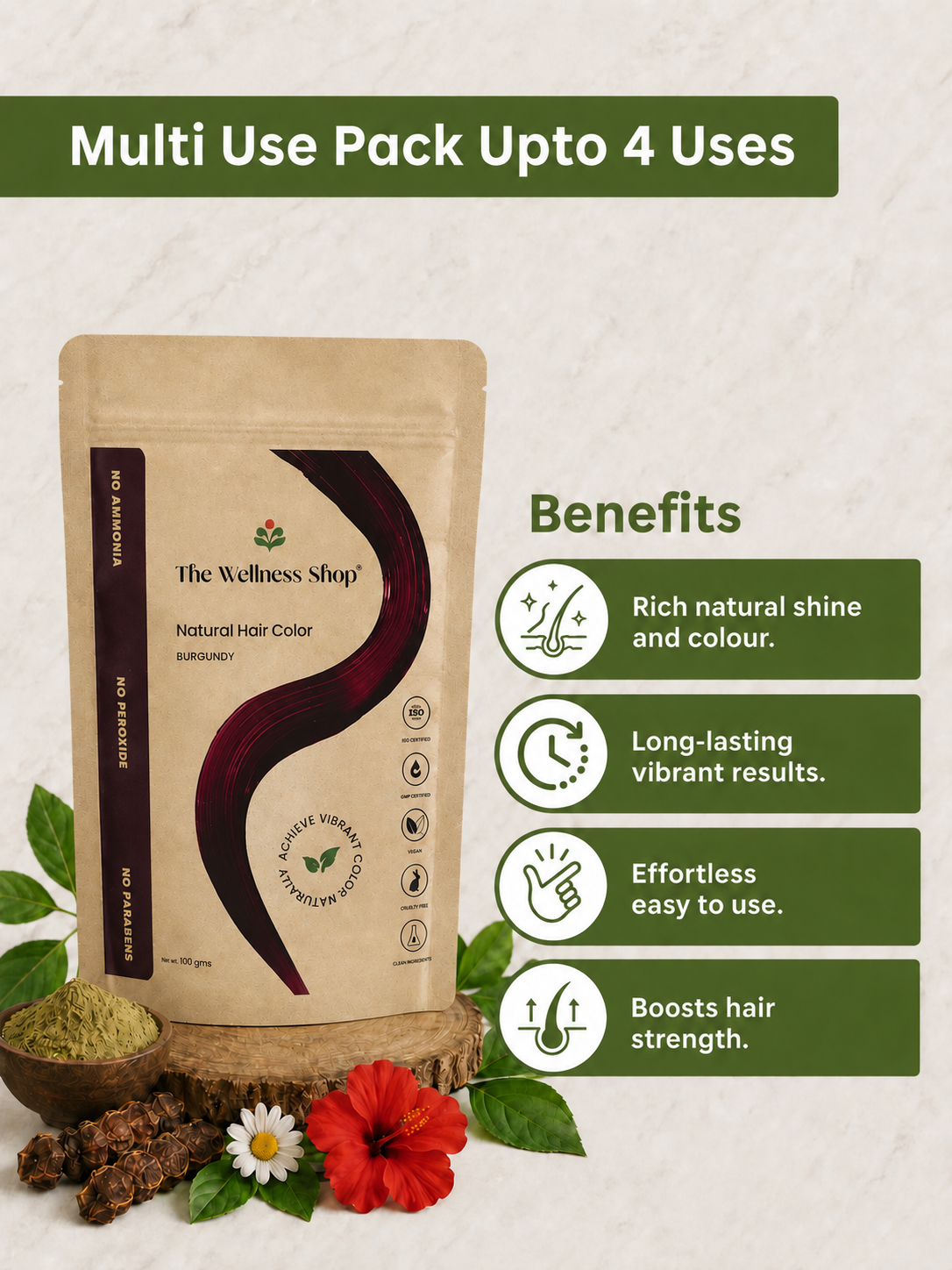 Natural Burgundy Hair Colour - 100gm(No Ammonia, Premium Quality, Lasts 3 Weeks)