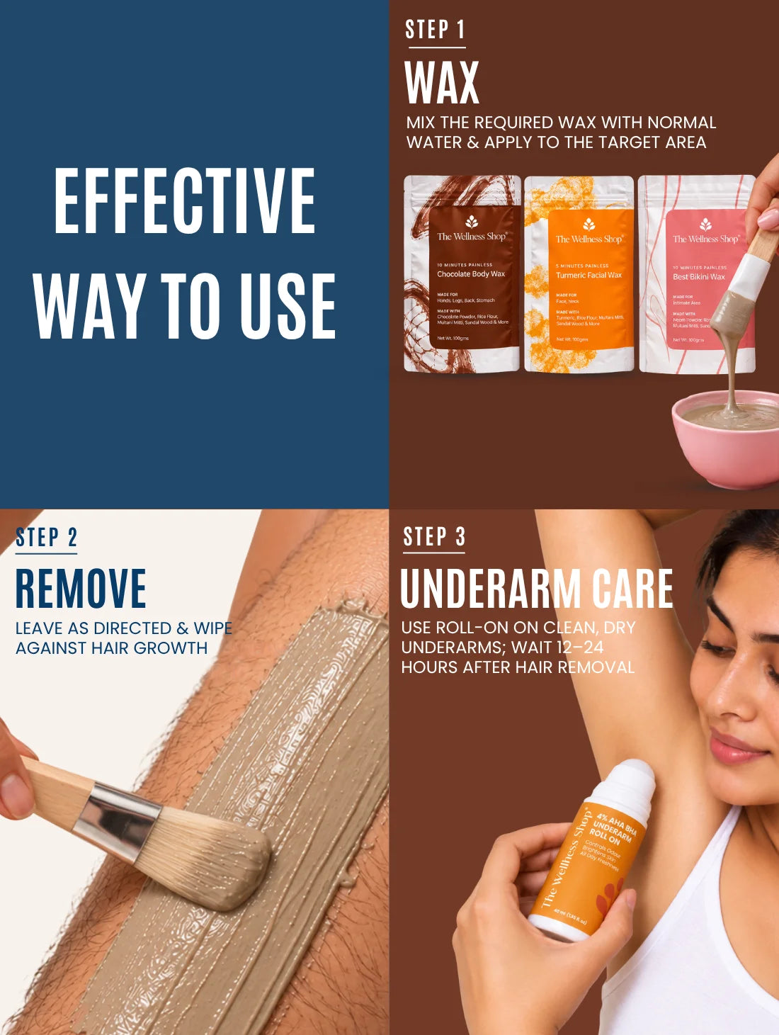 Turmeric Facial Wax+ Bikini Wax Powder+ Chocolate Hair Removal Powder + 4% Aha Bha Underarm Roll On