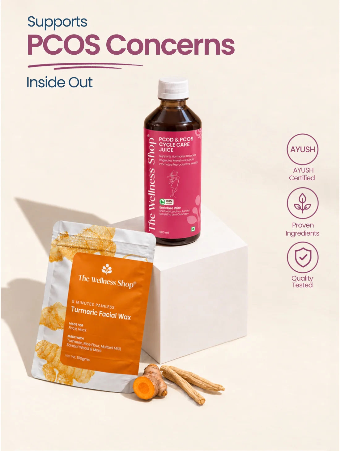 PCOS PCOD Reset Kit ( PCOS &amp; PCOD Cycle Care Juice , Turmeric Facial Wax Powder)