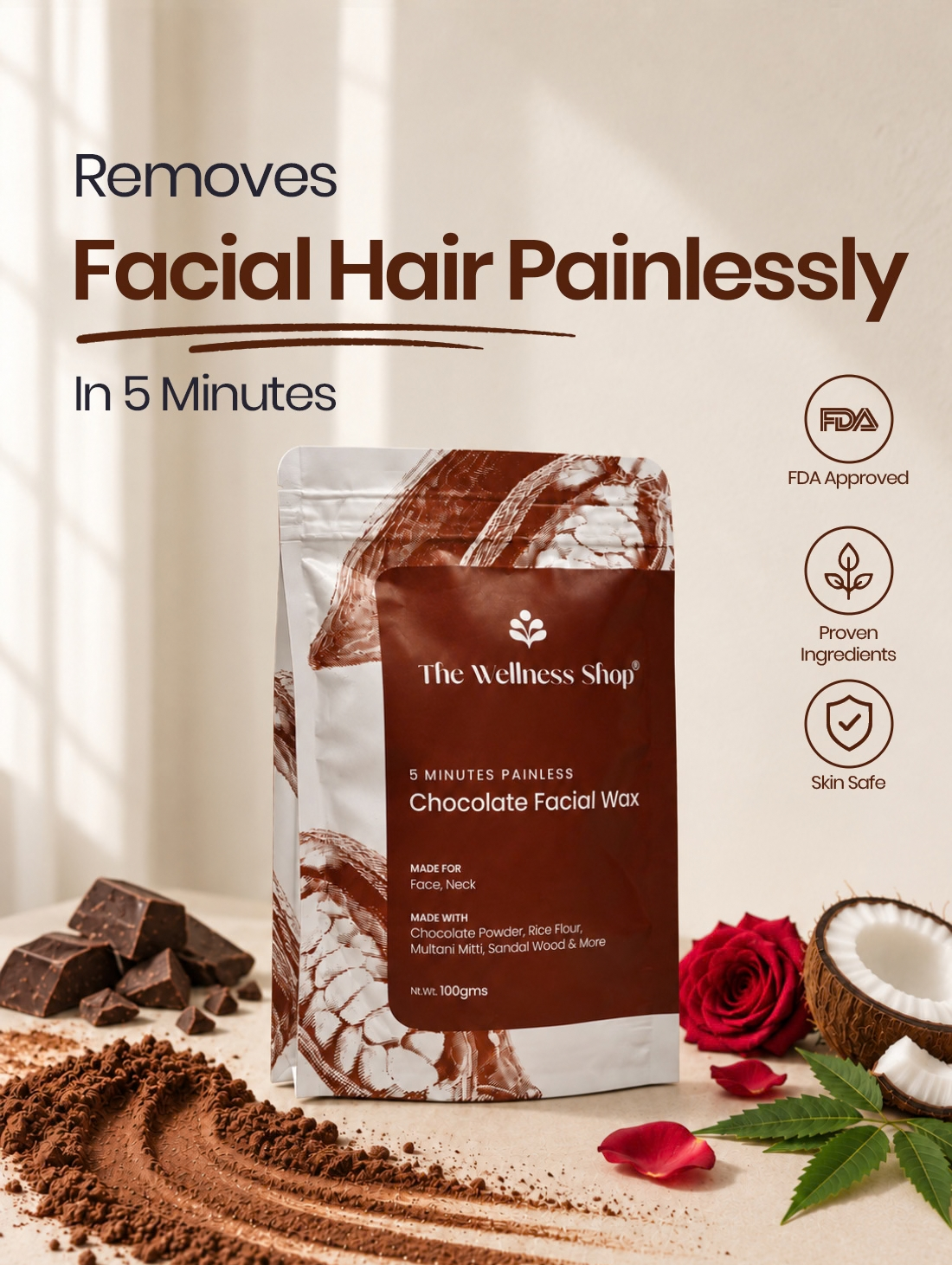 Chocolate Facial Wax Powder - 5 Minute Painless Herbal Wax Powder