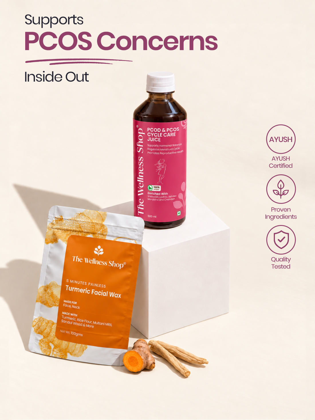PCOS PCOD Reset Kit ( PCOS &amp; PCOD Cycle Care Juice , Turmeric Facial Wax Powder)