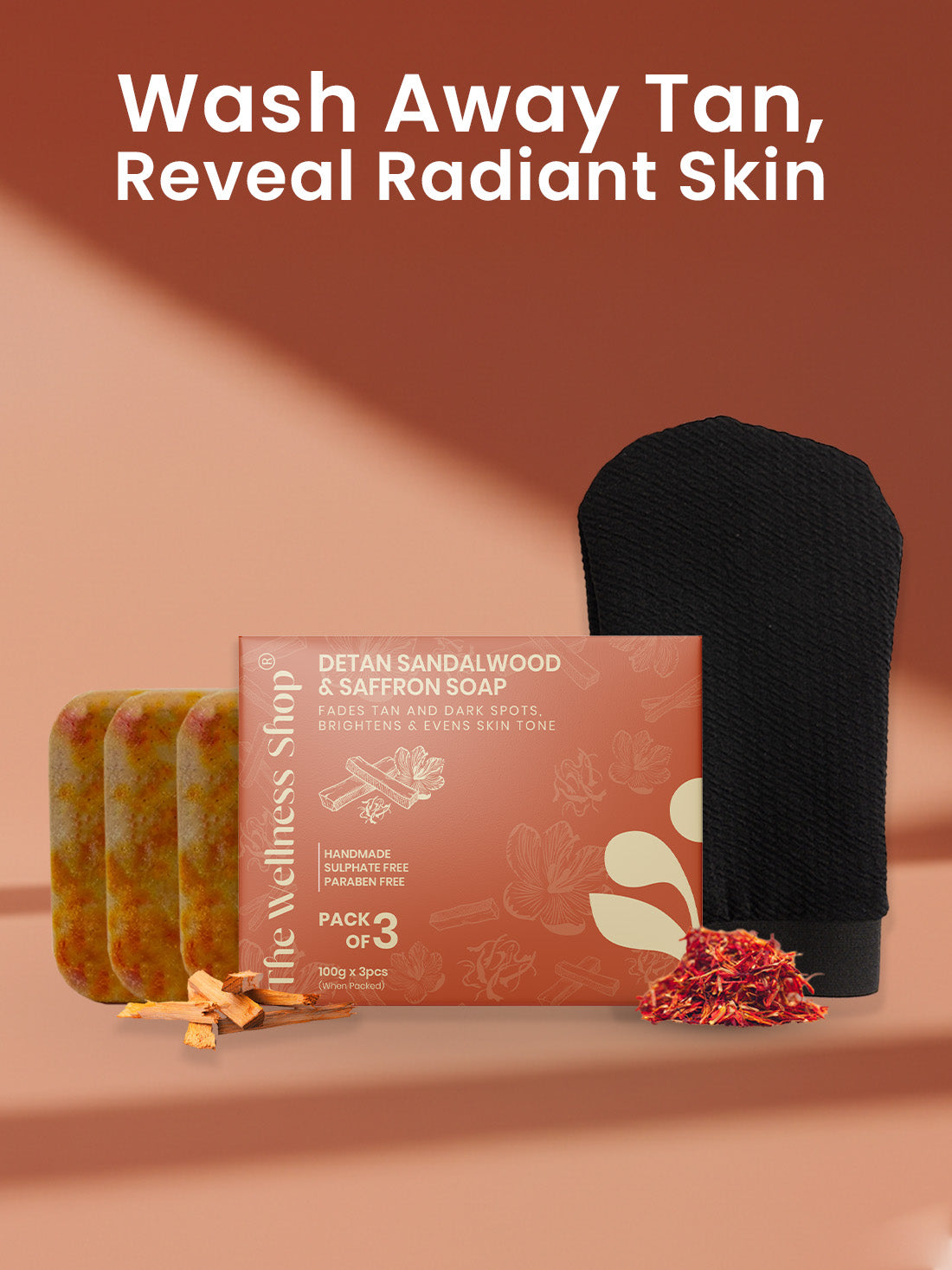 Detan Sandalwood &amp; Saffron Soap - Pack of 3 + FREE Exfoliating Glove