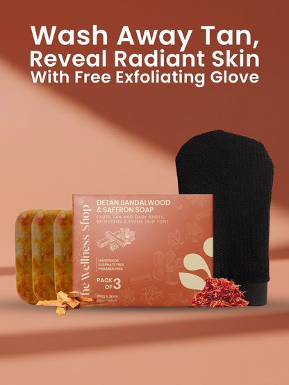 Detan Sandalwood &amp; Saffron Soap - Pack of 3 + FREE Exfoliating Glove