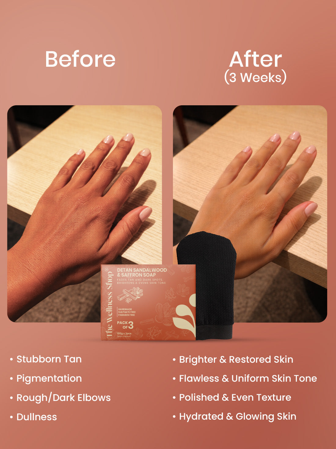 Detan Sandalwood &amp; Saffron Soap - Pack of 3 + FREE Exfoliating Glove