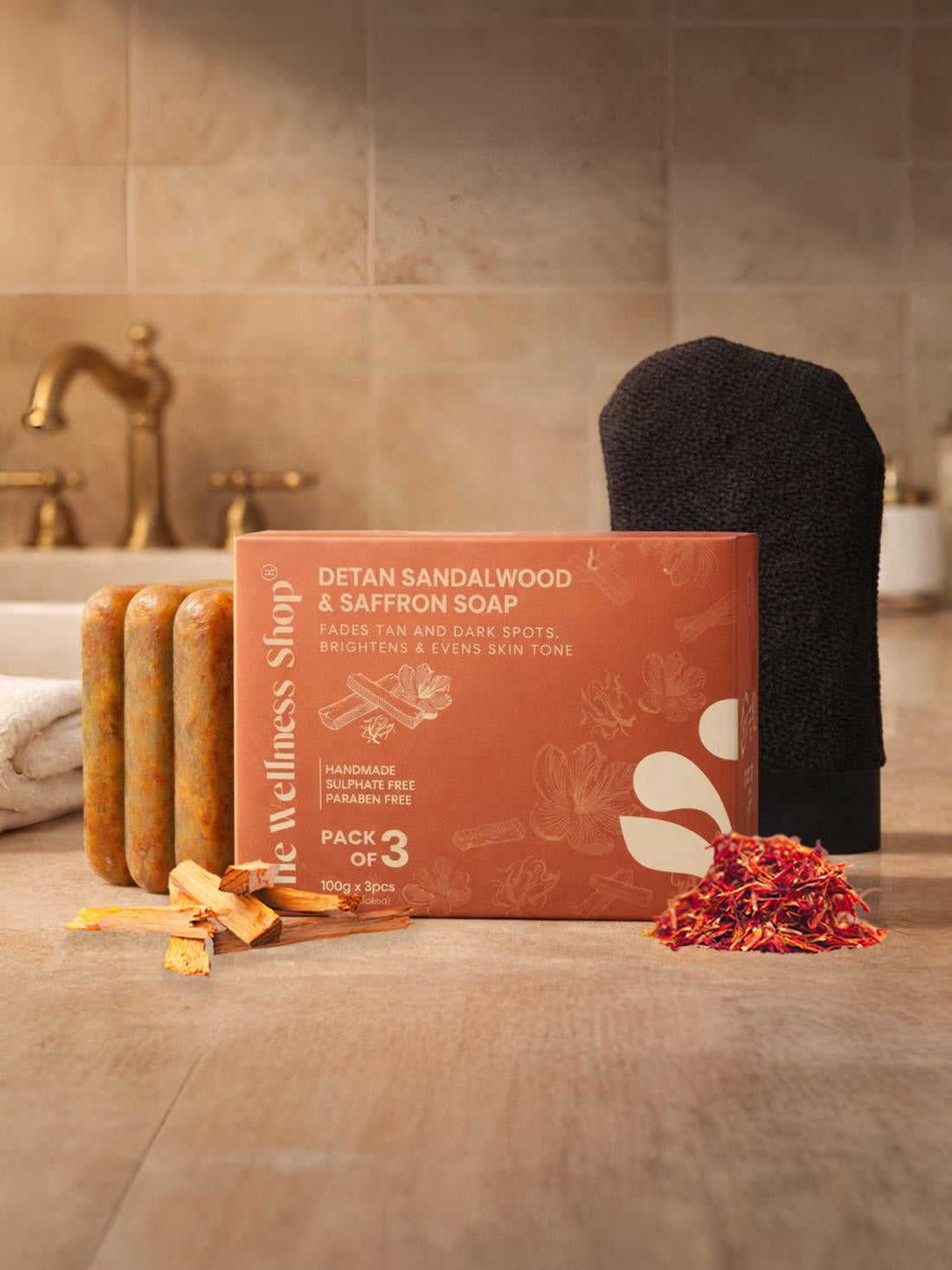 Detan Sandalwood &amp; Saffron Soap - Pack of 3 + FREE Exfoliating Glove