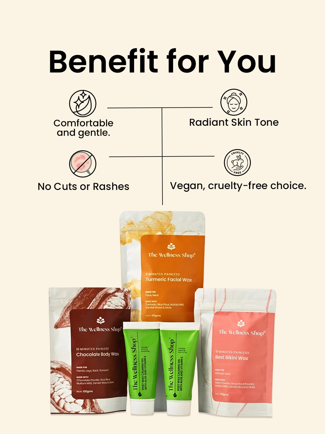 Turmeric Facial Wax+ Bikini Wax Powder+ Chocolate Hair Removal Powder + 2 Post Wax Gels Kit