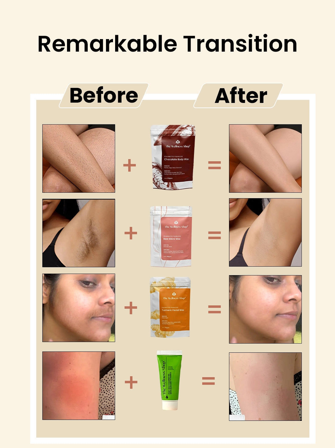 Turmeric Facial Wax+ Bikini Wax Powder+ Chocolate Hair Removal Powder + 2 Post Wax Gels Kit