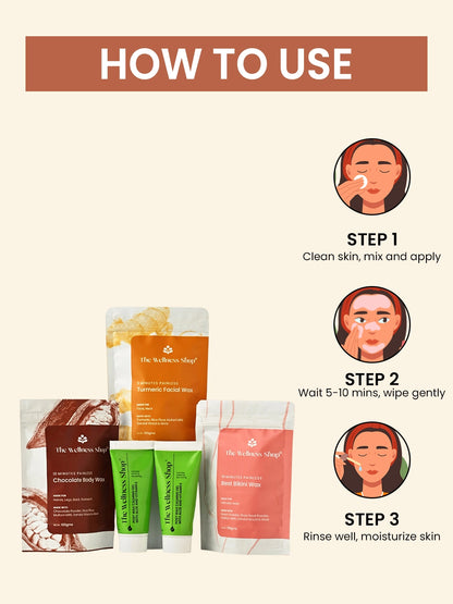Turmeric Facial Wax+ Bikini Wax Powder+ Chocolate Hair Removal Powder + 2 Post Wax Gels Kit