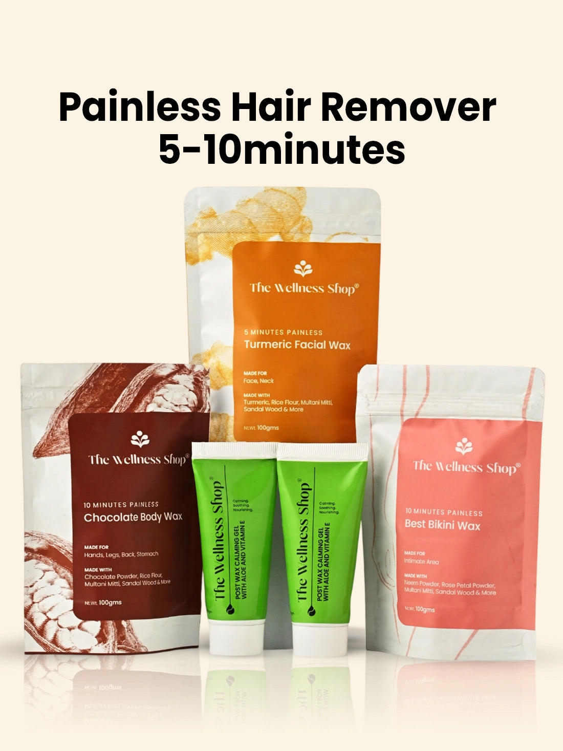 Turmeric Facial Wax+ Bikini Wax Powder+ Chocolate Hair Removal Powder + 2 Post Wax Gels Kit