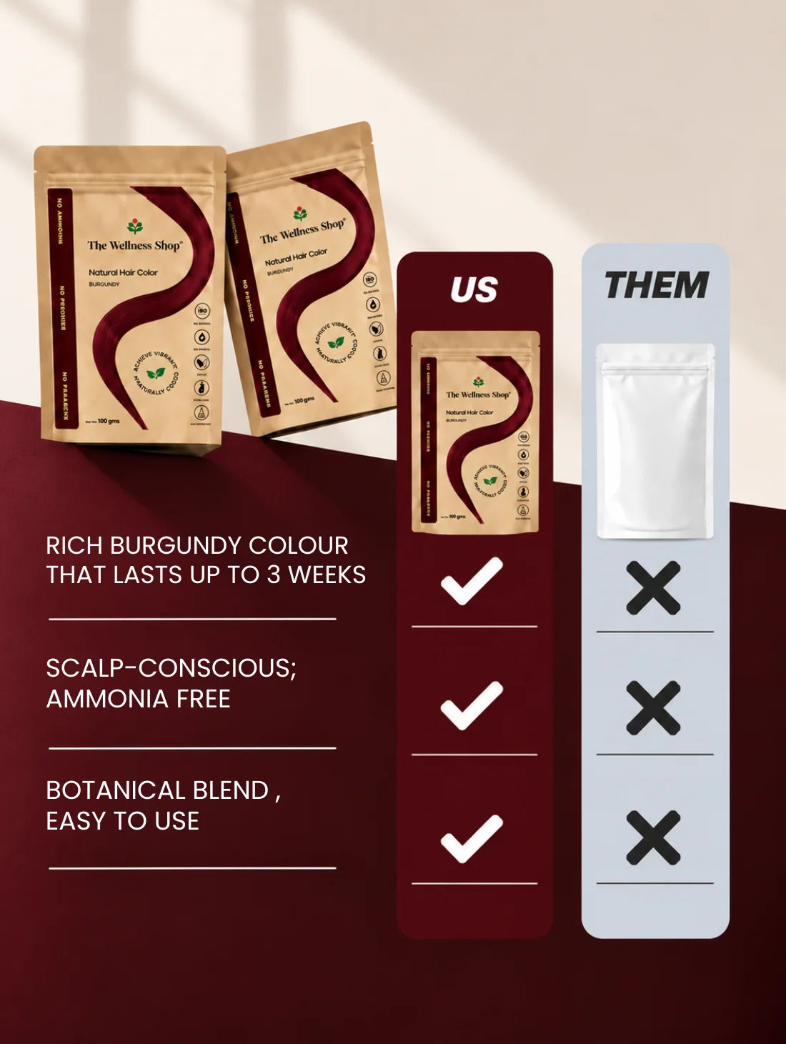Natural Burgundy Hair Colour - 100gm(No Ammonia, Premium Quality, Lasts 3 Weeks)