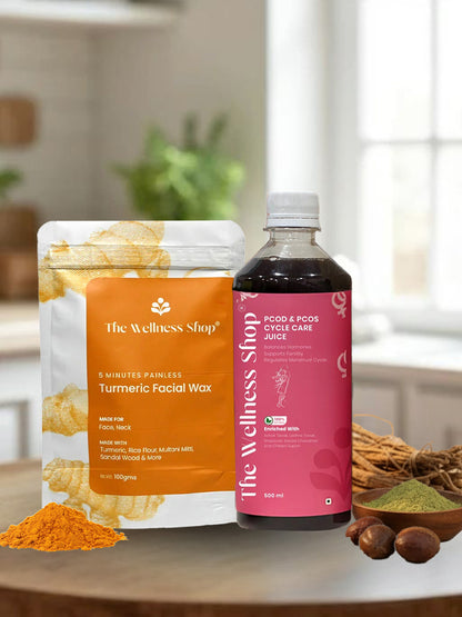 PCOS PCOD Reset Kit ( PCOS &amp; PCOD Cycle Care Juice , Turmeric Facial Wax Powder)