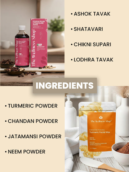 PCOS PCOD Reset Kit ( PCOS &amp; PCOD Cycle Care Juice , Turmeric Facial Wax Powder)