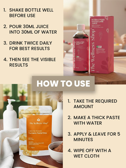 PCOS PCOD Reset Kit ( PCOS &amp; PCOD Cycle Care Juice , Turmeric Facial Wax Powder)