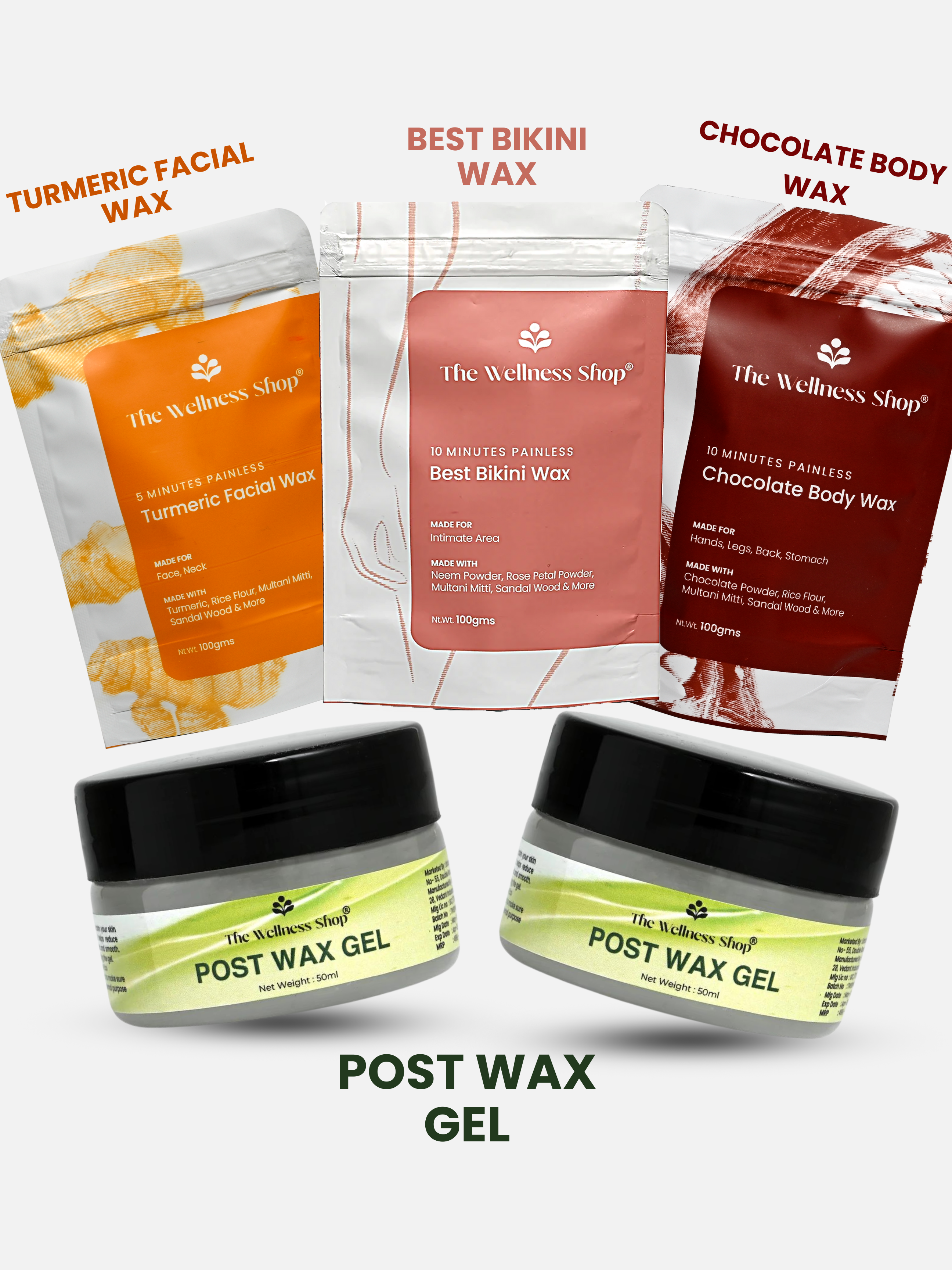 TURMERIC FACIAL WAX+ BIKINI WAX POWDER+ CHOCOLATE HAIR REMOVAL POWDER +2 POST WAX GEL KIT