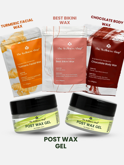 TURMERIC FACIAL WAX+ BIKINI WAX POWDER+ CHOCOLATE HAIR REMOVAL POWDER +2 POST WAX GEL KIT