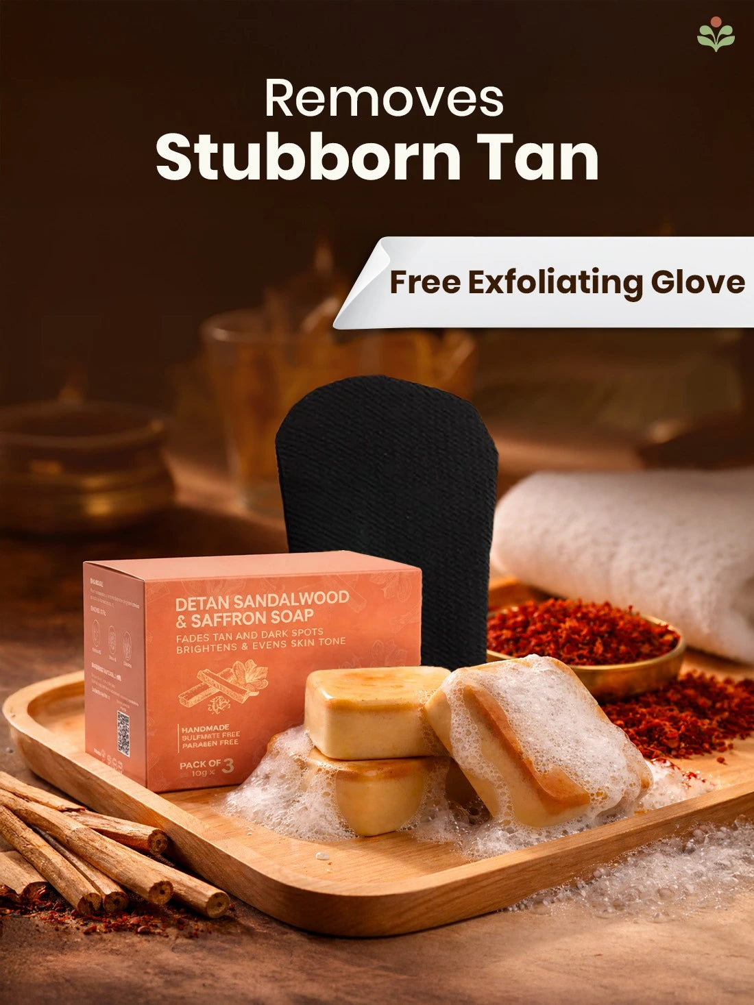Detan Sandalwood &amp; Saffron Soap - Pack of 3 + FREE Exfoliating Glove