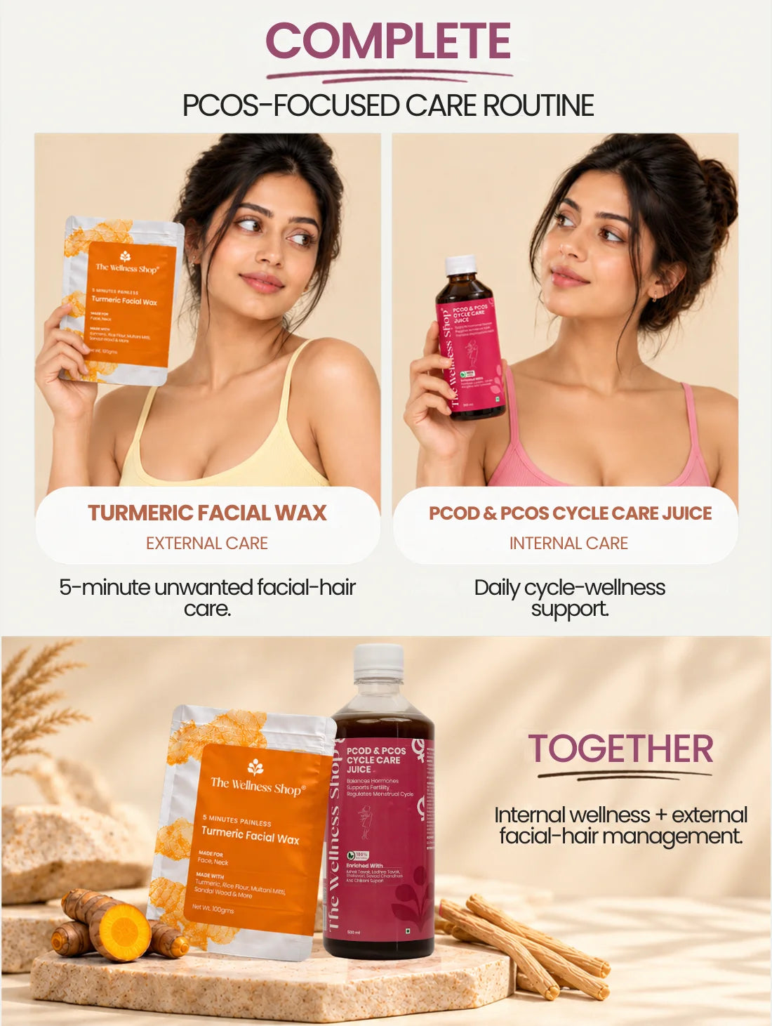 PCOS PCOD Reset Kit ( PCOS &amp; PCOD Cycle Care Juice , Turmeric Facial Wax Powder)