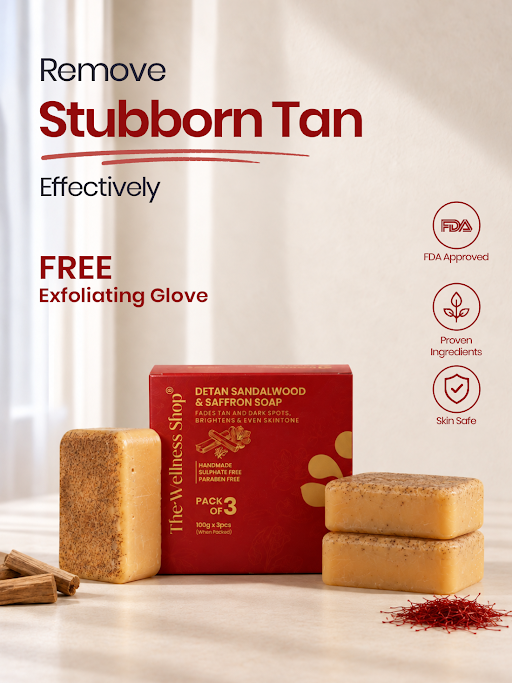 Detan Sandalwood &amp; Saffron Soap - Pack of 3 + FREE Exfoliating Glove
